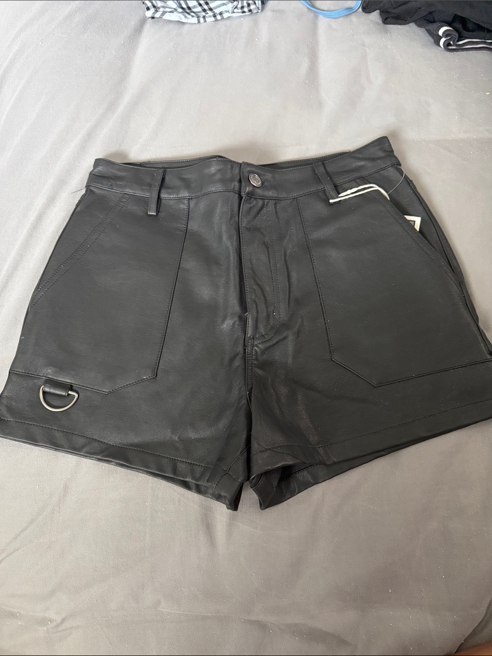High-Waist Black Faux Leather Shorts with D-Ring Accent